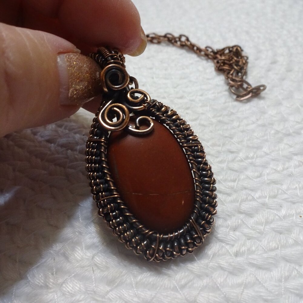 Stunning RED JASPER Handmade COPPER WIRE-WRAPPED Pendant/Chain #971C